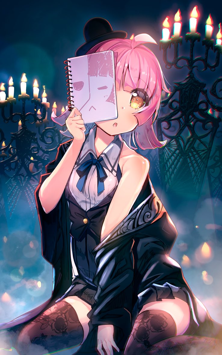 1girl, :<, ahoge, bangs, between_legs, black_jacket, black_legwear, black_skirt