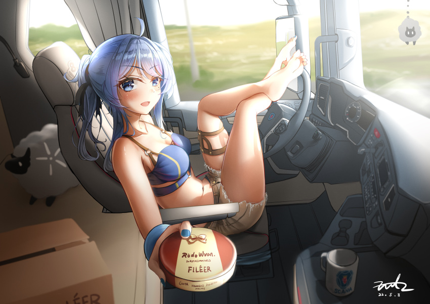 1girl, absurdres, black_ribbon, blue_eyes, blue_hair, blue_tank_top, breasts, brown_shorts