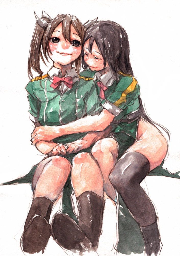 2girls, asymmetrical_legwear, black_hair, bow, bowtie, brown_hair, chikuma_(kancolle), chikuma_kai_ni_(kancolle)