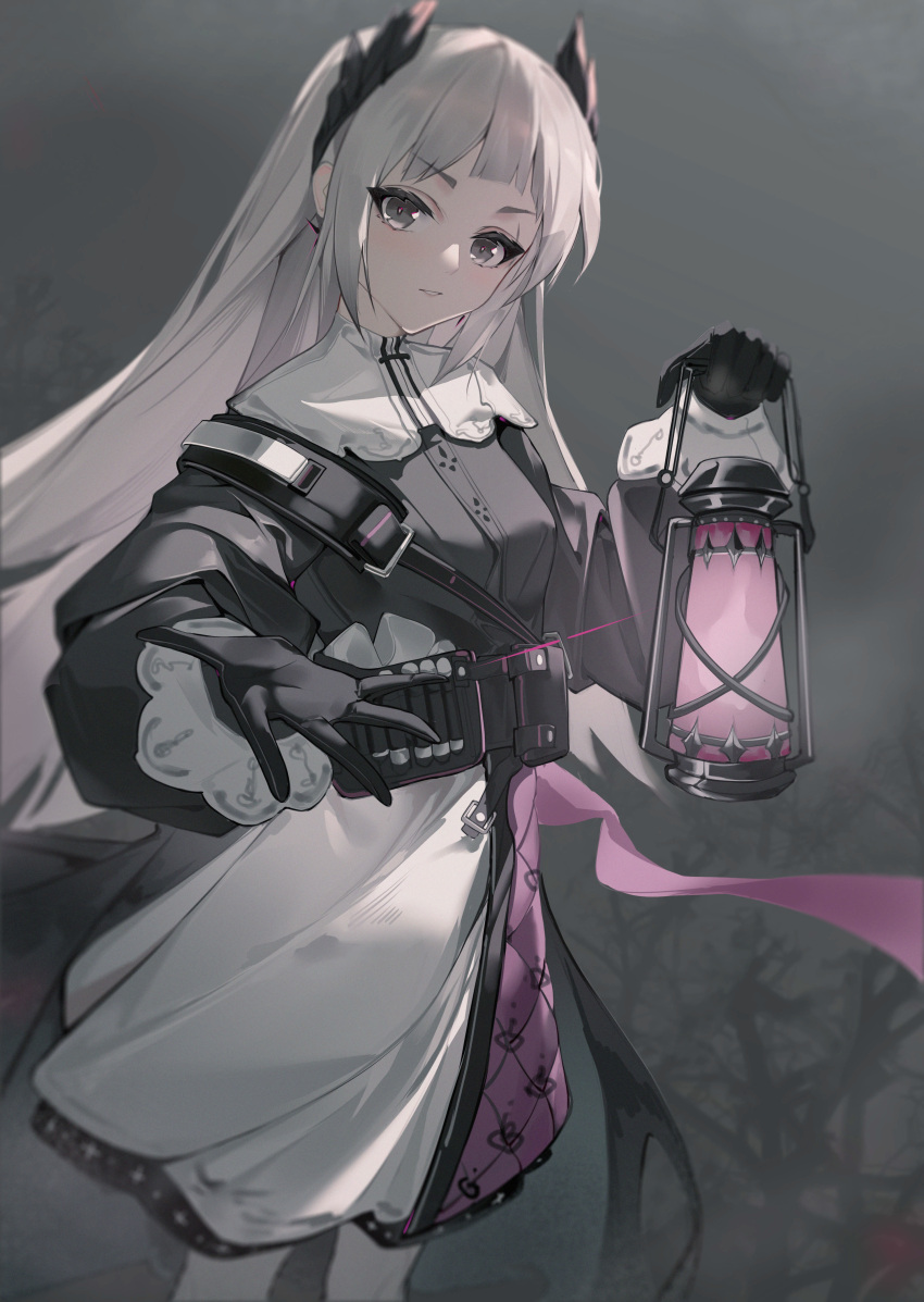 1girl, absurdres, arknights, black_gloves, black_shirt, capelet, feet_out_of_frame, gloves, grey_eyes, grey_hair, head_wings, highres, holding, holding_lantern, irene_(arknights), katachi_noboru_nishikino, lantern, long_hair, night, outdoors, shirt, skirt, solo, standing, very_long_hair, white_capelet
