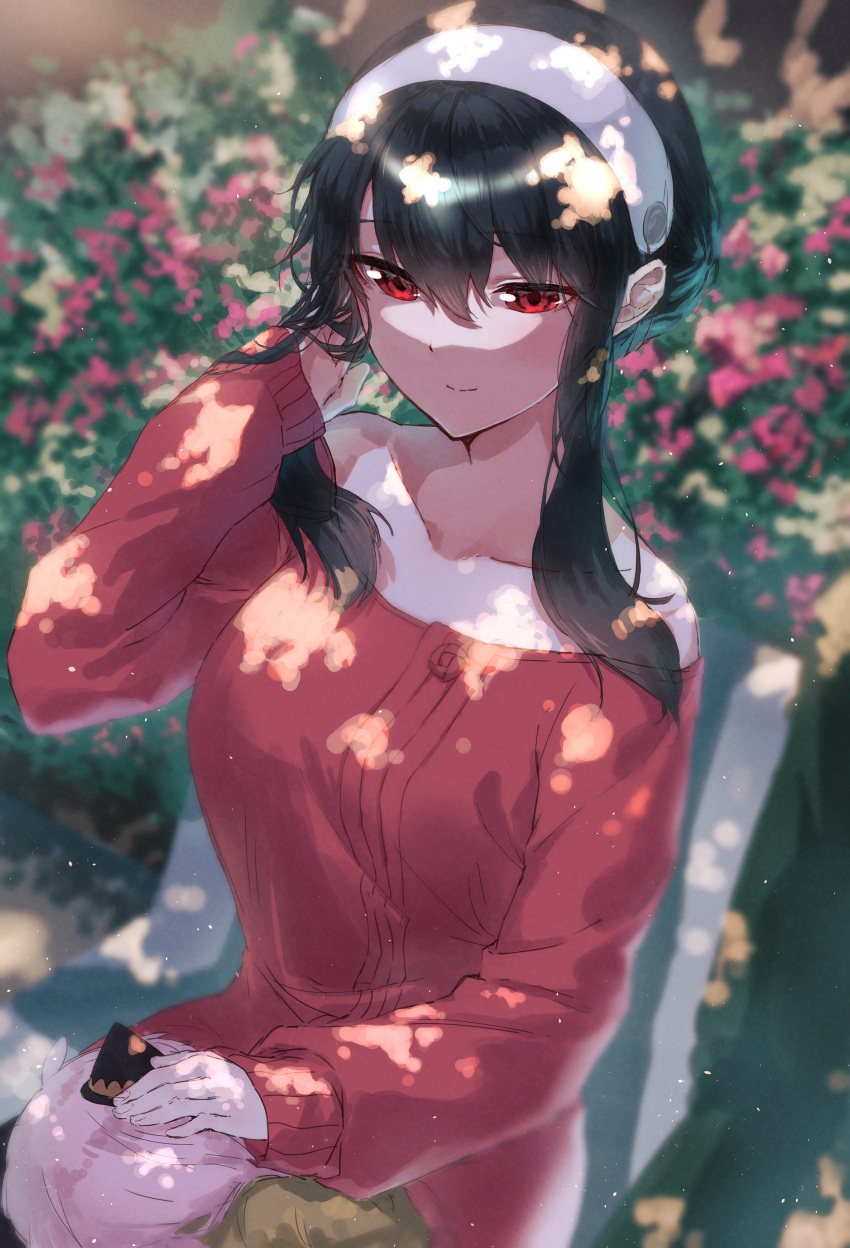 2girls, absurdres, anya_(spy_x_family), bangs, bare_shoulders, black_hair, chair, collarbone, commentary, dentaku_music, dress, hair_between_eyes, hair_cones, hairband, hand_in_own_hair, hand_up, highres, lap_pillow, long_hair, long_sleeves, multiple_girls, off-shoulder_dress, off_shoulder, pink_hair, red_dress, red_eyes, sidelocks, sitting, spy_x_family, white_hairband, yor_briar