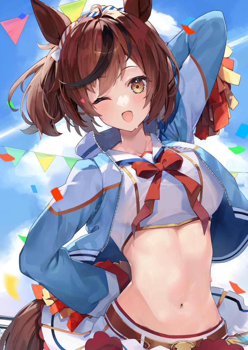 1girl, ;d, absurdres, animal_ears, arm_behind_head, arm_up, belt, blue_jacket