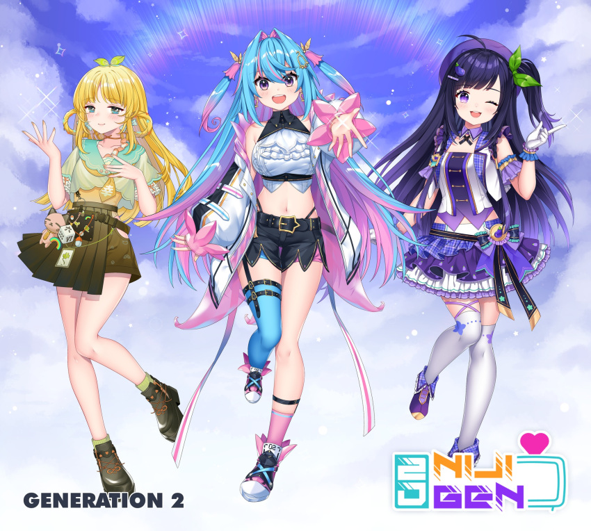 3girls, blonde_hair, blue_hair, detached_collar, full_body, gendo0032, highres, kisaki_tencha, leg_up, logo, long_hair, long_sleeves, misora_kanon, multiple_girls, natsumi_hachi, nijigen_project, nina_ermintrude, one_eye_closed, pink_hair, purple_hair, short_sleeves, side_ponytail, single_thighhigh, skirt, thigh-highs, two_side_up, violet_eyes, virtual_youtuber, white_legwear