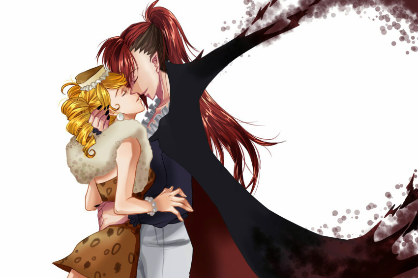 1boy, 1girl, bangs, blonde_hair, cheesecake_cookie, closed_eyes, cookie_run, dress, drill_hair, earrings, humanization, jewelry, personification, pointy_ears, redhead, supa_berryberry, twintails, vampire_cookie, white_background