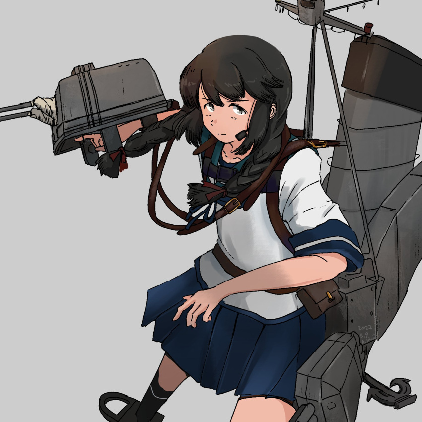 1girl, adapted_turret, anchor, black_hair, black_legwear, blue_skirt, braid, closed_mouth