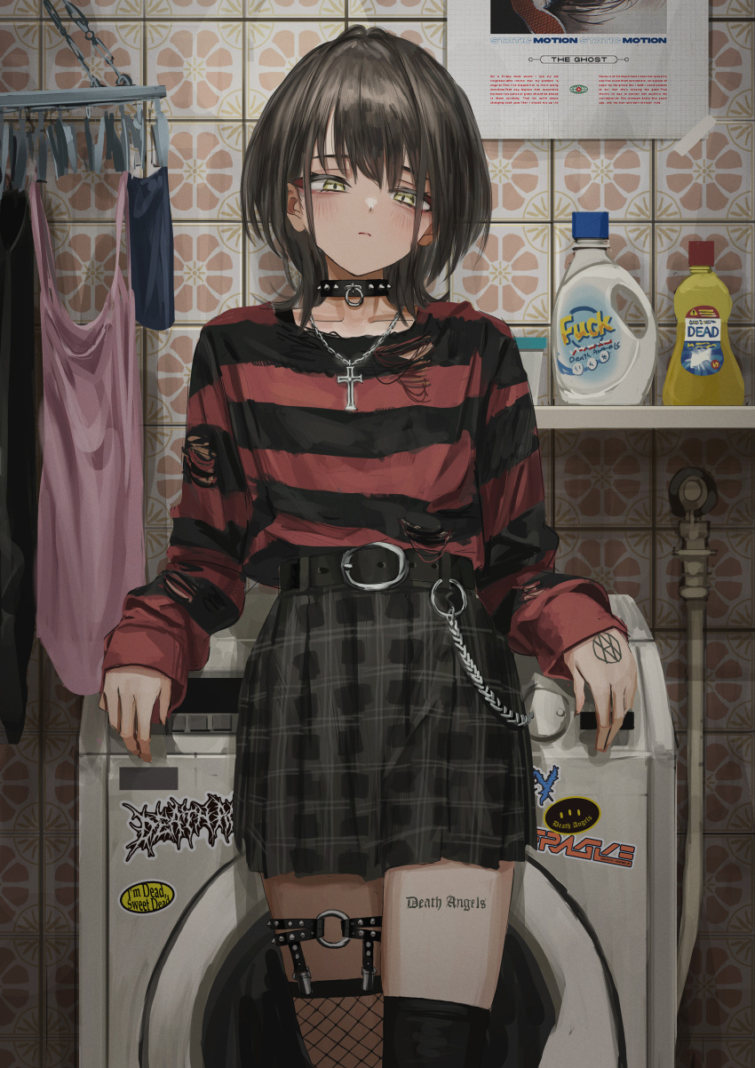 1girl, absurdres, belt, black_belt, black_choker, black_skirt, blush, brown_hair