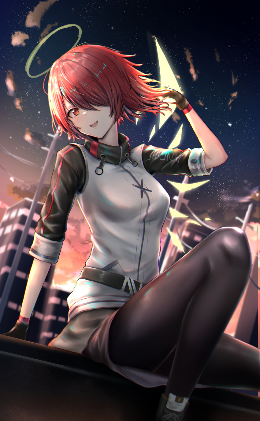 1girl, absurdres, angel_wings, arknights, arm_support, bangs, black_legwear, black_skirt, black_sweater, blurry, blurry_background, building, exusiai_(arknights), eyebrows_visible_through_hair, fingerless_gloves, gloves, hair_over_one_eye, halo, hand_in_own_hair, head_tilt, highres, hood, jacket, light_blush, looking_at_viewer, miniskirt, night, night_sky, open_mouth, pantyhose, poni_(poni_arknights), red_eyes, redhead, short_hair, sitting, skirt, sky, sleeveless, sleeveless_jacket, sleeves_rolled_up, smile, solo, sweater, utility_pole, white_jacket, wings