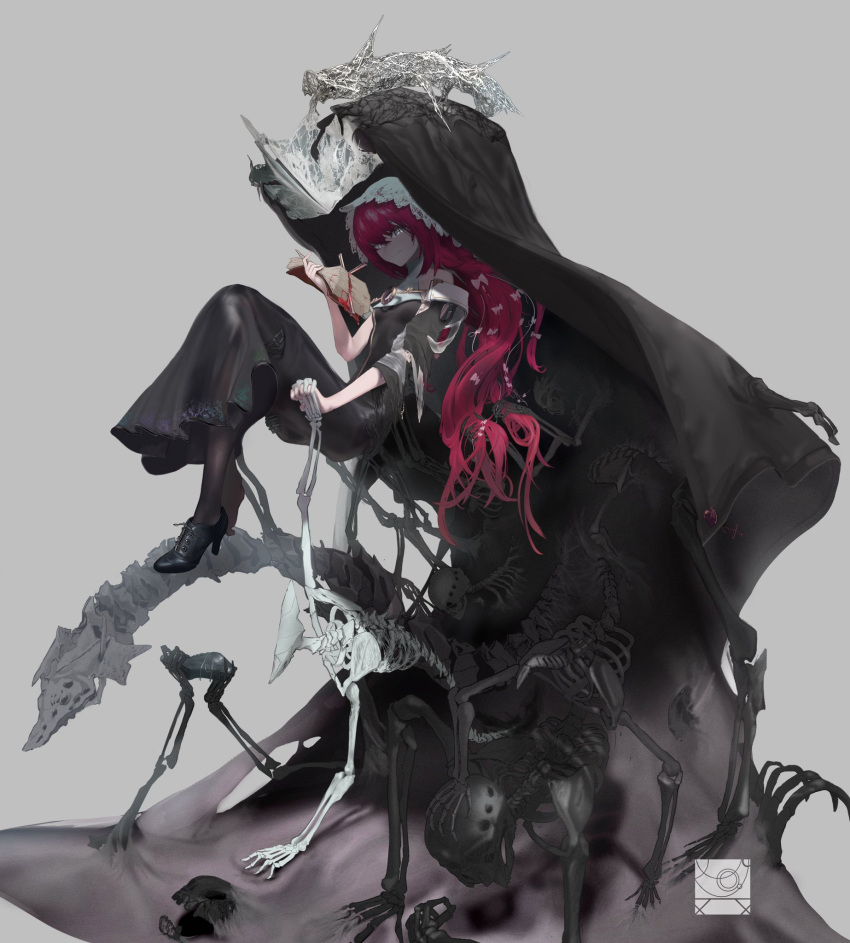 1girl, bare_shoulders, black_dress, blood, bone, book, breasts, detached_sleeves