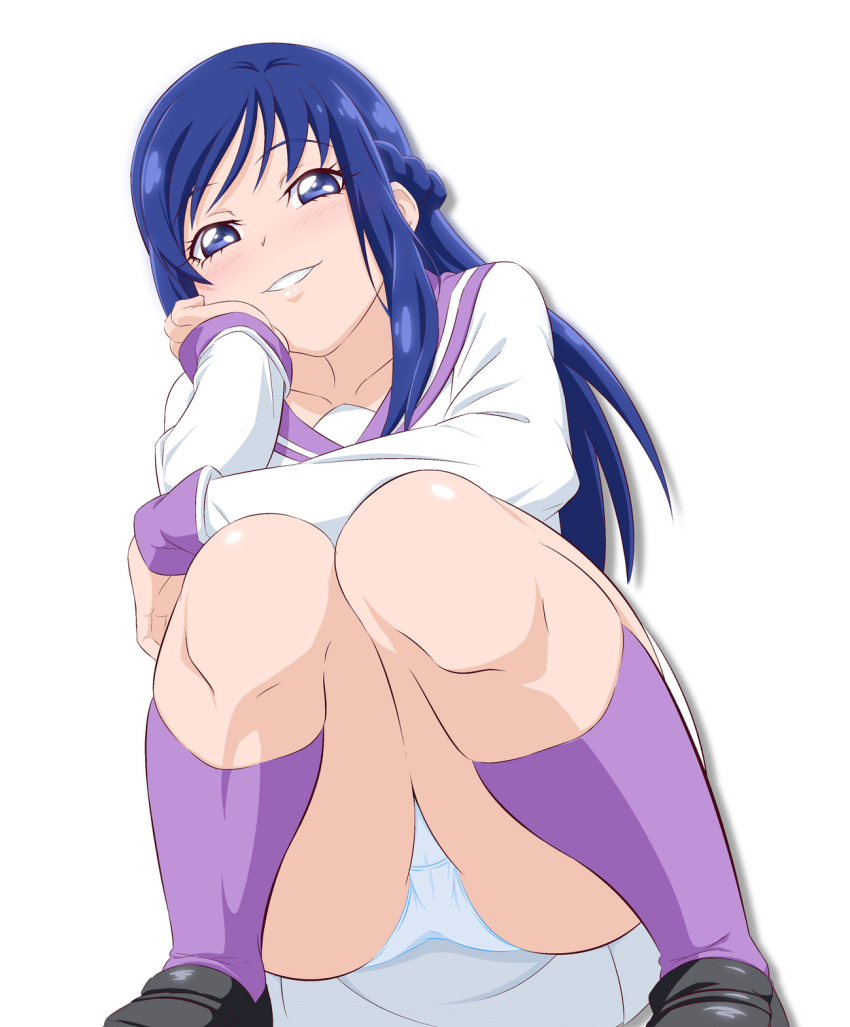 1girl, blue_eyes, blue_hair, collarbone, dokidoki!_precure, dress, fuchi_(nightmare), highres, hishikawa_rikka, kneehighs, long_hair, looking_at_viewer, oogai_daiichi_middle_school_uniform, panties, pantyshot, precure, purple_legwear, purple_sailor_collar, sailor_collar, sailor_dress, school_uniform, simple_background, smile, solo, squatting, underwear, white_background, white_dress, white_panties