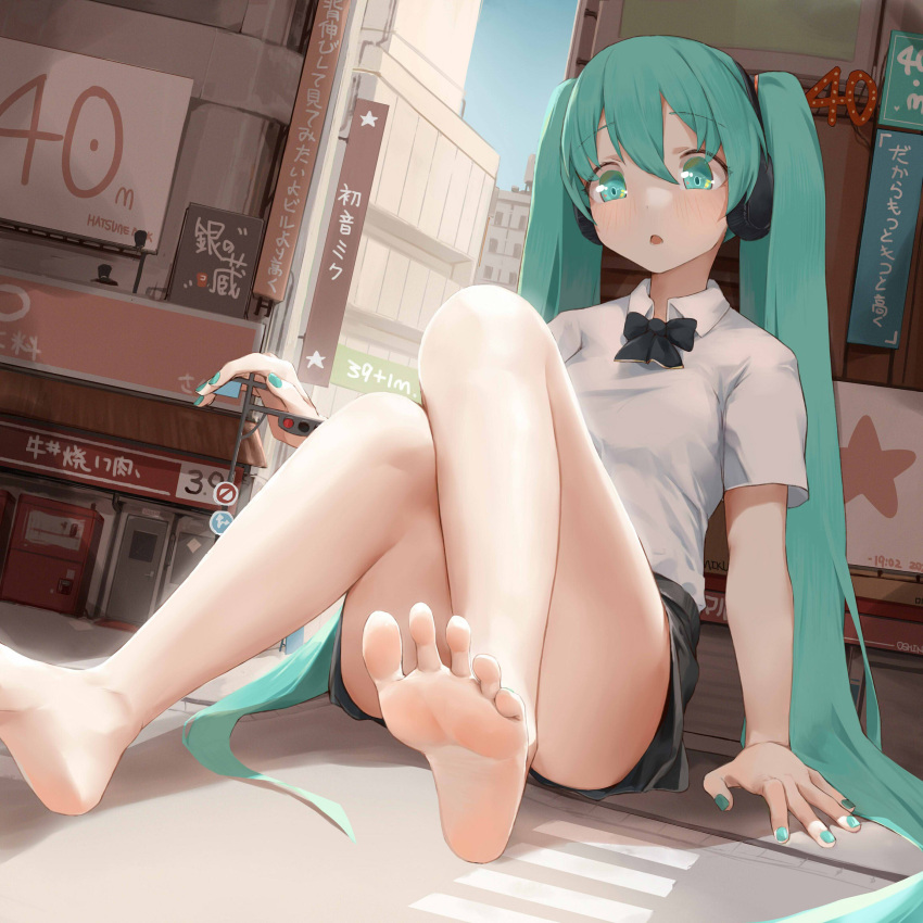 1girl, aqua_eyes, aqua_hair, aqua_nails, bangs, barefoot, black_bow, black_bowtie, black_skirt, bow, bowtie, building, city, collared_shirt, crosswalk, giant, giantess, hair_between_eyes, hatsune_miku, highres, kyodai_shoujo_(vocaloid), long_hair, miniskirt, open_mouth, oshin0_(zheng), pleated_skirt, road, road_sign, shirt, short_sleeves, sign, sitting, skirt, solo, traffic_light, twintails, vocaloid, white_shirt