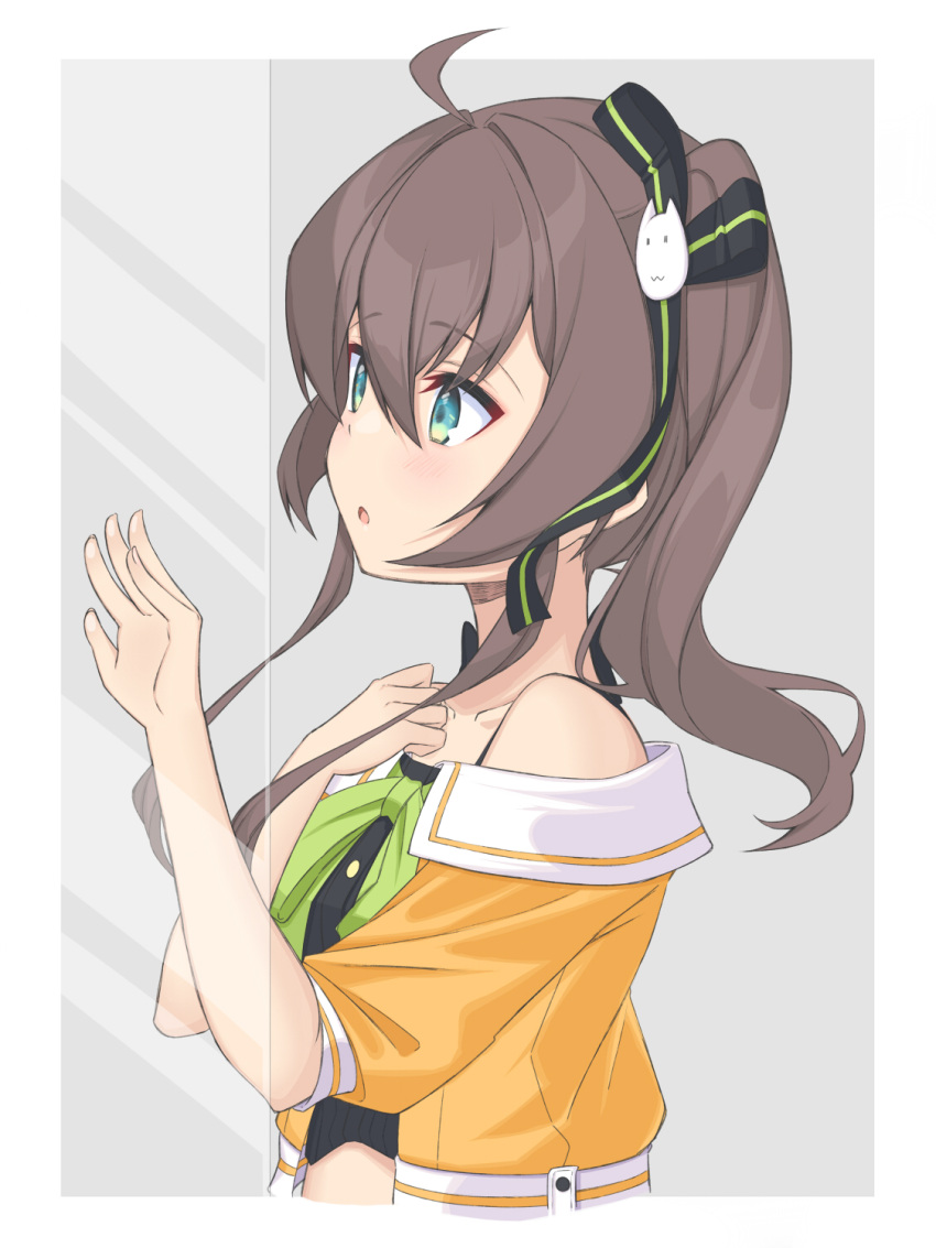 1girl, :o, ahoge, bangs, bare_shoulders, black_camisole, black_ribbon, blue_eyes