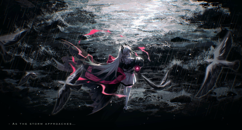 1girl, anklet, arknights, bird, black_cape, black_footwear, black_jacket, brown_eyes