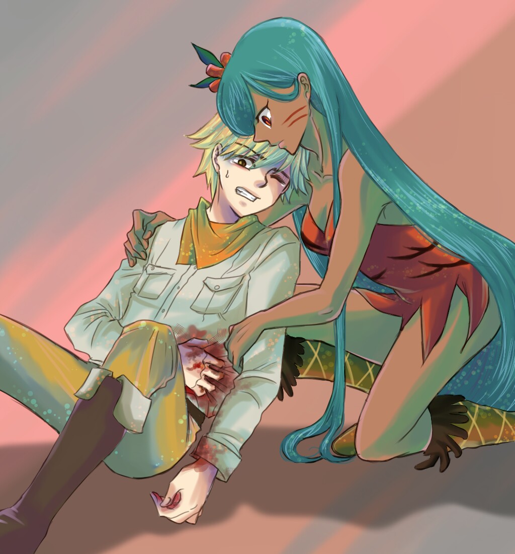 absurdly_long_hair, aqua_eyes, aqua_hair, artist_request, blonde_hair, blood, blood_on_clothes, blood_splatter