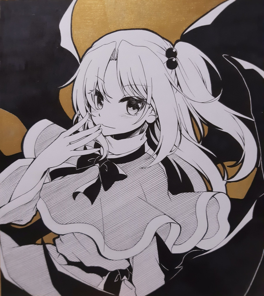 1girl, bangs, beni_kurage, black_bow, black_bowtie, black_sash, bow, bowtie