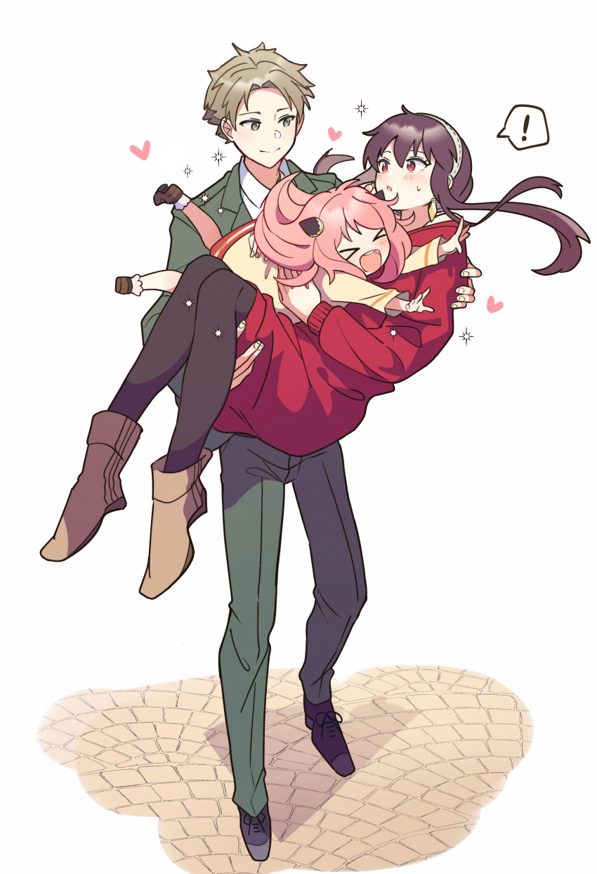 >o<, 1boy, 2girls, absurdres, ankle_boots, anya_(spy_x_family), boots, carrying, carrying_person, closed_eyes, collared_shirt, dress, green_eyes, green_jacket, green_pants, hakuuyori, highres, jacket, light_brown_hair, looking_at_another, multiple_girls, pants, pantyhose, pink_hair, princess_carry, red_eyes, red_sweater, shirt, shoes, short_hair_with_long_locks, spy_x_family, standing, sweater, sweater_dress, twilight_(spy_x_family), white_shirt, yor_briar