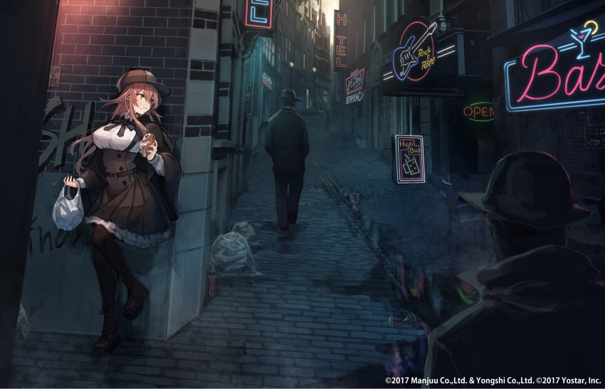 1girl, 2boys, alley, anpan, azur_lane, bag, belt, black_dress