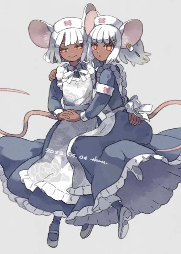 2girls, animal_ears, apron, armband, daikokuten_(fate), dark-skinned_female, dark_skin, dated