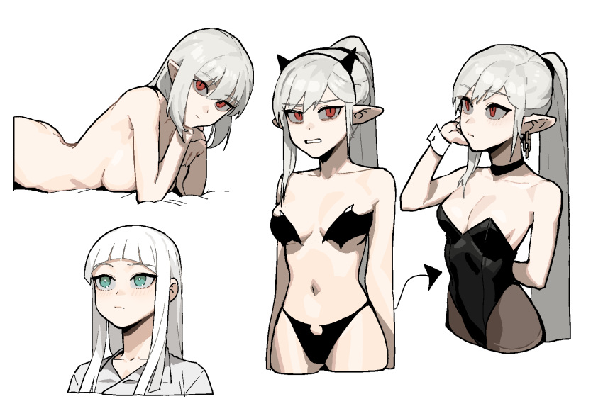 3girls, aqua_eyes, arched_back, ass, bangs, bare_shoulders, black_choker, black_footwear, black_headband, black_legwear, black_leotard, blunt_bangs, bra, breasts, choker, collarbone, completely_nude, demon_tail, earrings, fake_horns, francisca_(gogalking), gogalking, hair_between_eyes, headband, highleg, highleg_leotard, highres, hime_cut, horns, jewelry, leotard, long_hair, looking_at_viewer, looking_up, lying, medium_breasts, medium_hair, multiple_girls, multiple_views, nude, on_stomach, original, pantyhose, pointy_ears, ponytail, red_eyes, shirt, sideboob, sidelocks, simple_background, slit_pupils, strapless, strapless_bra, tail, underwear, vampire's_sister_(gogalking), vampire_(gogalking), very_long_hair, white_background, white_hair, white_shirt, wrist_cuffs