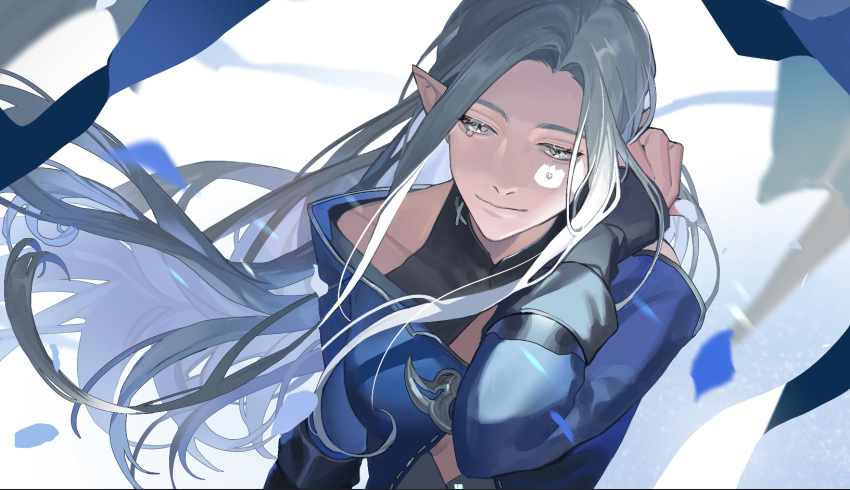 1girl, blue_coat, blurry, chinese_commentary, coat, collarbone, commentary_request, depth_of_field, elezen, elf, final_fantasy, final_fantasy_xiv, grey_eyes, grey_hair, hair_tucking, hand_up, highres, jiayeshisanlunncfen, long_hair, pointy_ears, smile, solo, tears, upper_body, white_background, ysayle_dangoulain