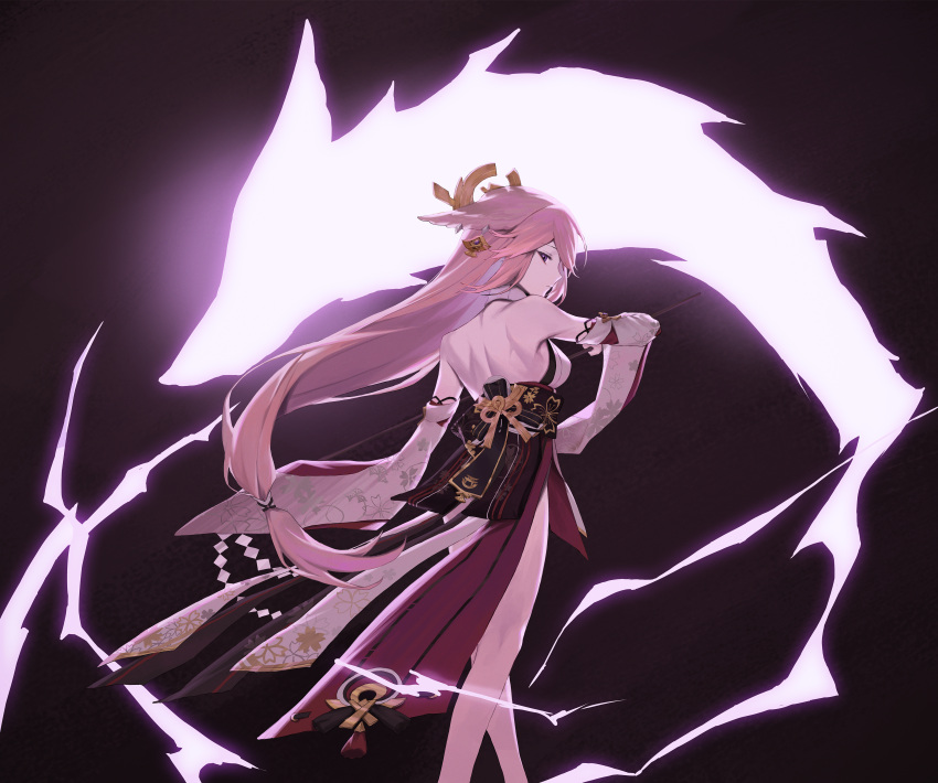 1girl, absurdres, animal_ears, back, back_bow, bangs, bare_back, bare_legs, bare_shoulders, bow, breasts, closed_mouth, commentary, detached_sleeves, earrings, electricity, expressionless, feet_out_of_frame, fox_ears, from_behind, genshin_impact, gohei, highres, holding, jewelry, legs, long_hair, looking_at_viewer, looking_back, low-tied_long_hair, median_furrow, medium_breasts, pink_hair, shide, shirt, sideways_glance, solo, standing, straight_hair, team_glass, violet_eyes, white_shirt, white_sleeves, wide_sleeves, yae_miko