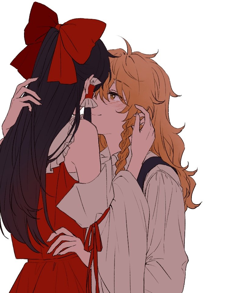 2girls, bangs, bare_shoulders, black_bow, black_dress, black_hair, blonde_hair, blush