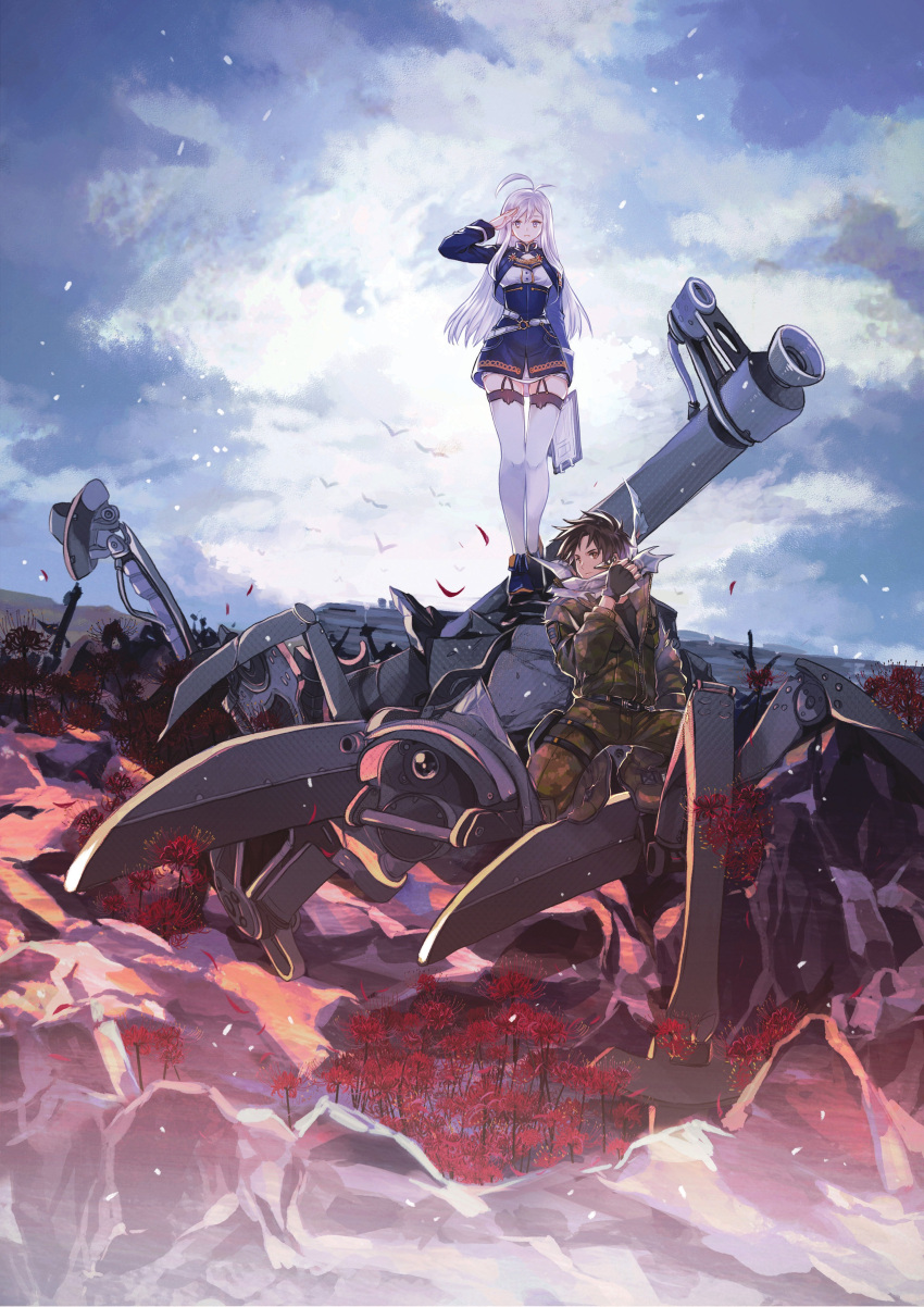 1boy, 1girl, 86_-eightysix-, absurdres, black_hair, blue_skirt, breasts, cannon, chris4708, clouds, earpiece, flower, grey_eyes, grey_hair, high-waist_skirt, highres, m1a4_juggernaut, mecha, medium_breasts, military, military_uniform, salute, scarf, second-party_source, shinei_nouzen, skirt, sky, standing, thigh-highs, uniform, vladilena_millize, white_legwear, white_scarf