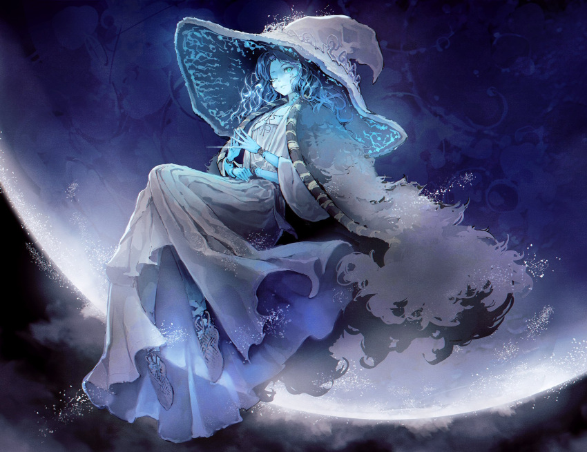 1girl, blue_eyes, blue_hair, blue_skin, cloak, colored_skin, cracked_skin, doll_joints