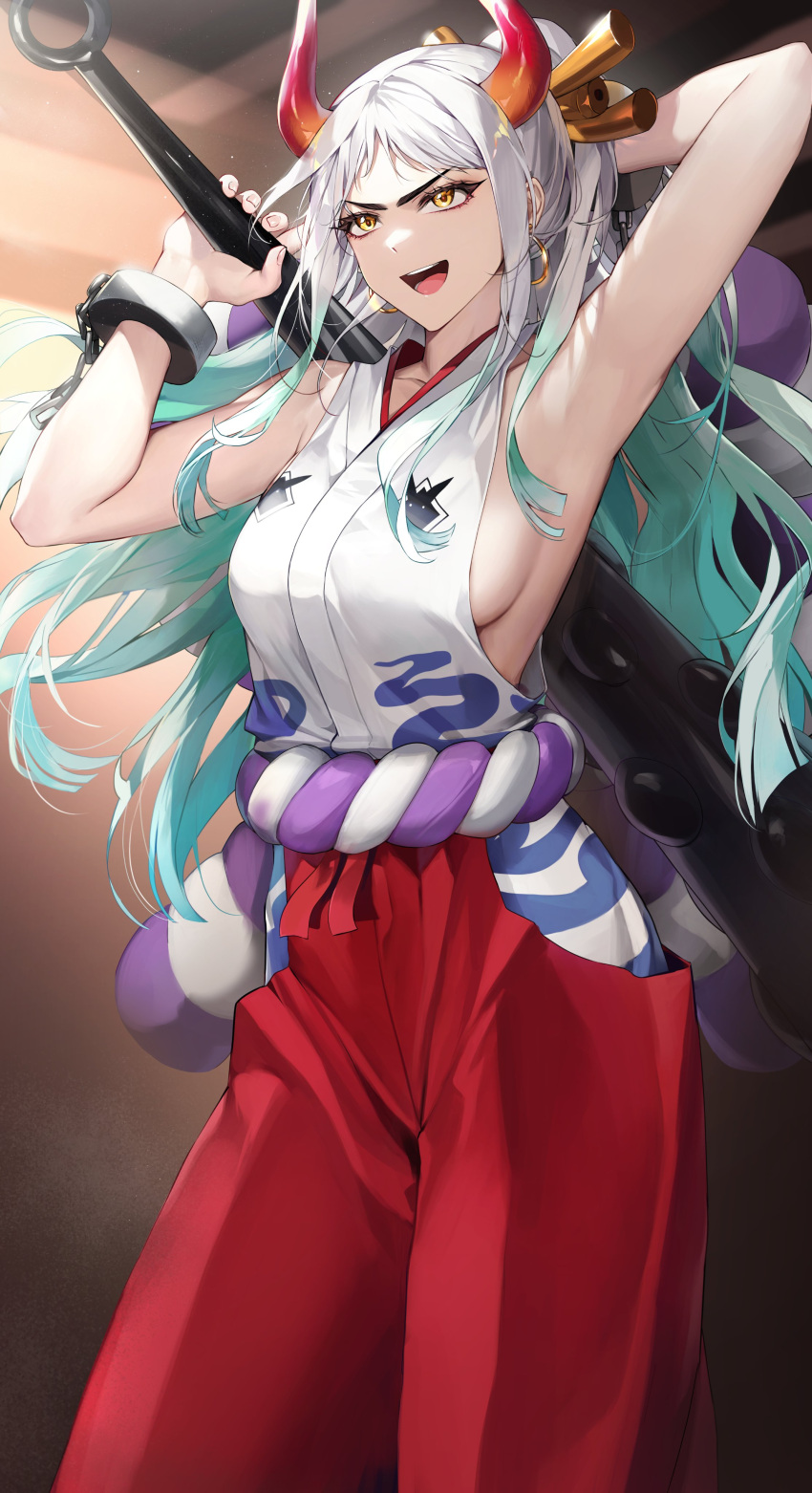 absurdres, aqua_hair, arm_up, armpits, bangs, bare_shoulders, breasts, club_(weapon)