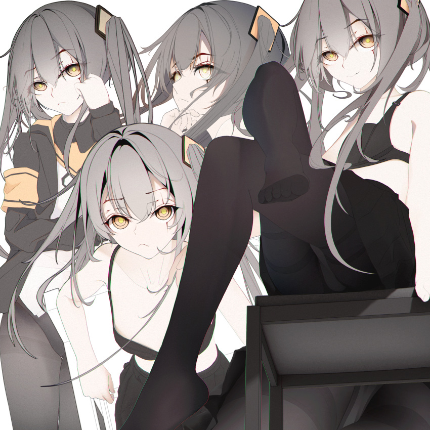 1girl, absurdres, bangs, black_legwear, commentary_request, expressionless, eyebrows_visible_through_hair, flat_chest, girls_frontline, grey_hair, grin, hair_between_eyes, hair_ornament, highres, jacket, long_hair, long_yue_(sskylarks), looking_at_viewer, multiple_views, no_pants, one_side_up, orange_eyes, panties, panties_under_pantyhose, pantyhose, scar, scar_across_eye, scar_on_face, shirt, skirt, smile, ump45_(girls'_frontline), underwear, white_shirt