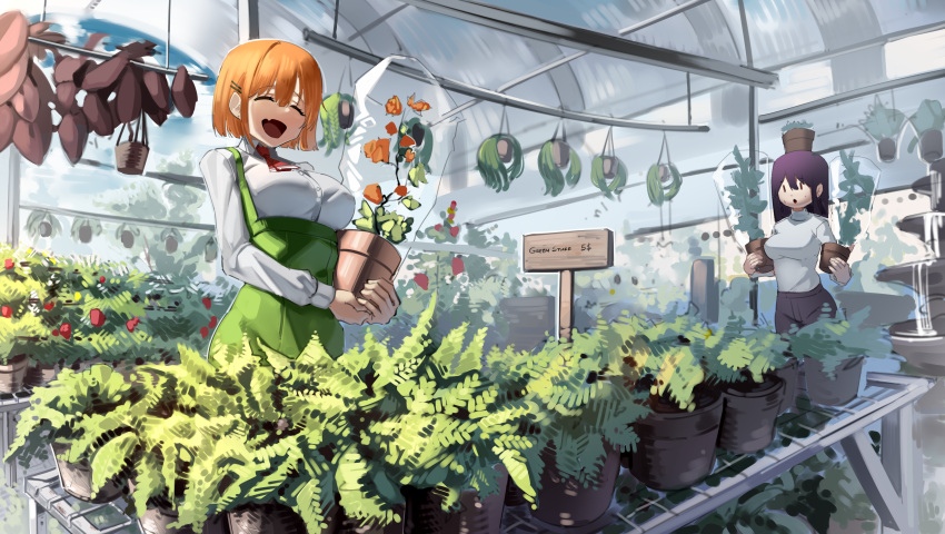 2girls, :d, absurdres, apron, bangs, breasts, buttons, closed_eyes