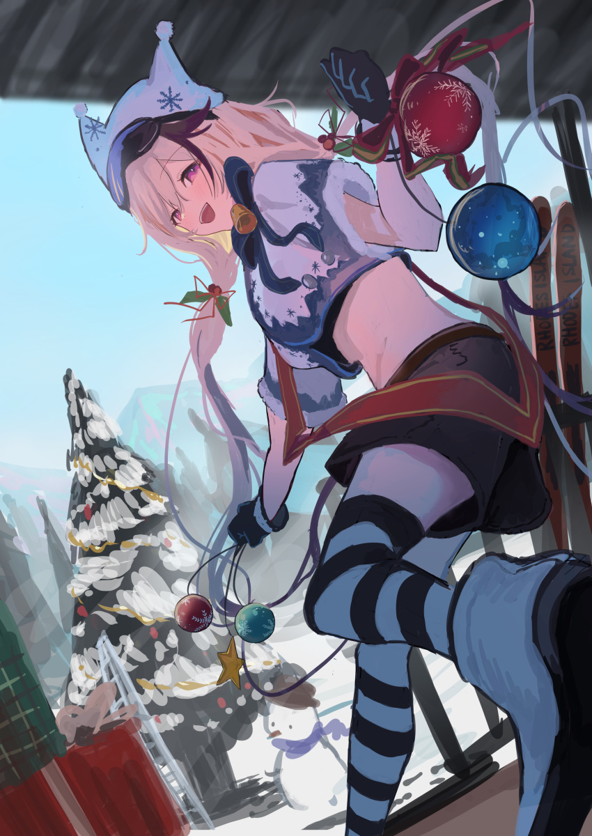 1girl, :d, absurdres, animal_hat, arknights, bauble, bell, black_gloves, black_legwear, black_shorts, blue_bow, blue_bowtie, blue_jacket, boots, bow, bowtie, brown_hair, cardigan_(arknights), cardigan_(cheerful_guardian)_(arknights), christmas, christmas_ornaments, christmas_present, christmas_tree, cropped_jacket, foot_out_of_frame, gift, gloves, hat, highres, jacket, looking_at_viewer, multicolored_clothes, multicolored_hair, multicolored_jacket, natsuba002, neck_bell, official_alternate_costume, outdoors, pink_eyes, running, shorts, smile, snowman, solo, streaked_hair, striped, striped_legwear, teeth, thigh-highs, two-tone_jacket, upper_teeth, white_footwear, white_jacket, white_legwear