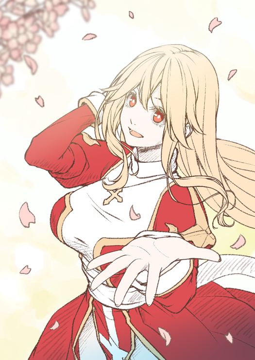 1girl, bangs, blonde_hair, breasts, bright_pupils, commentary_request, cowboy_shot, cross