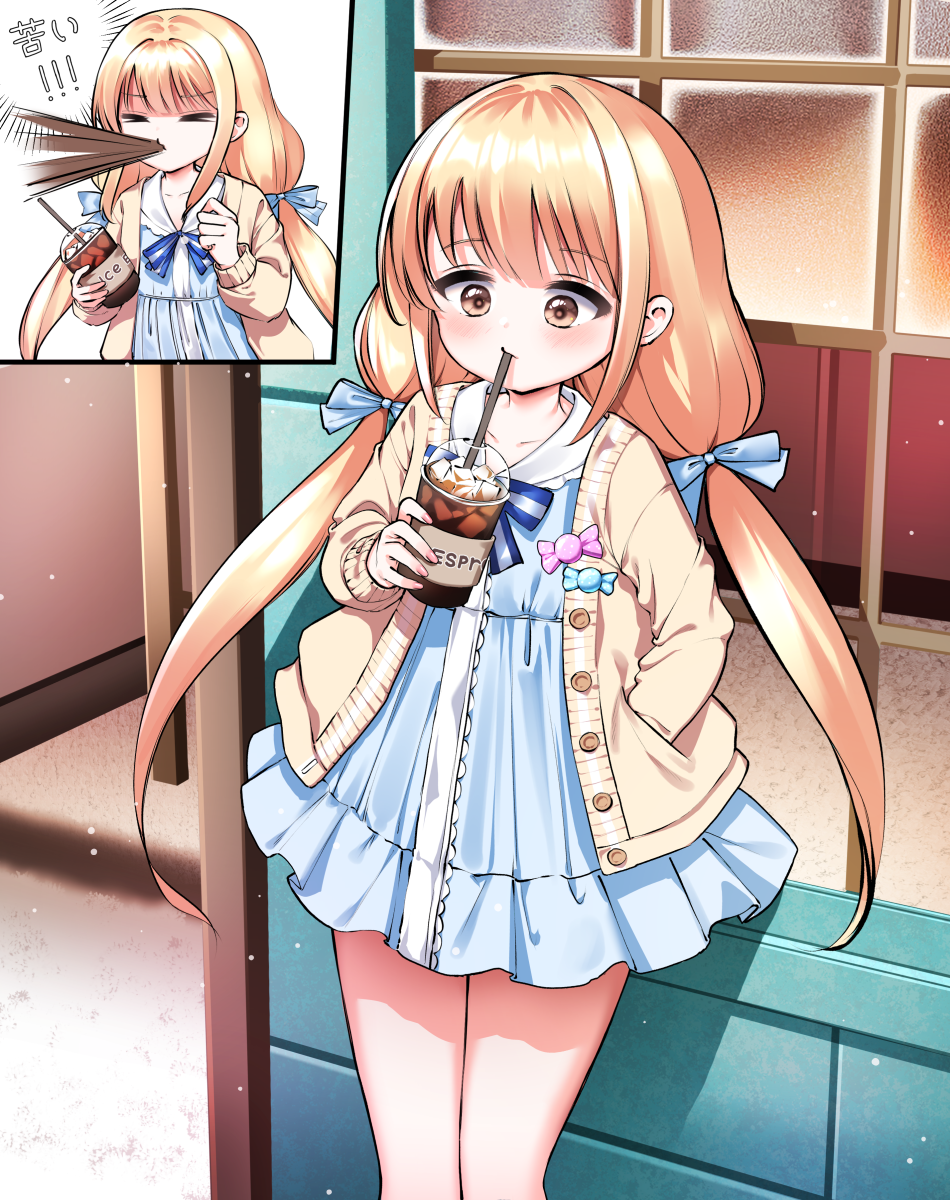 1girl, blonde_hair, blue_bow, blue_dress, blush, bow, bowtie, cardigan