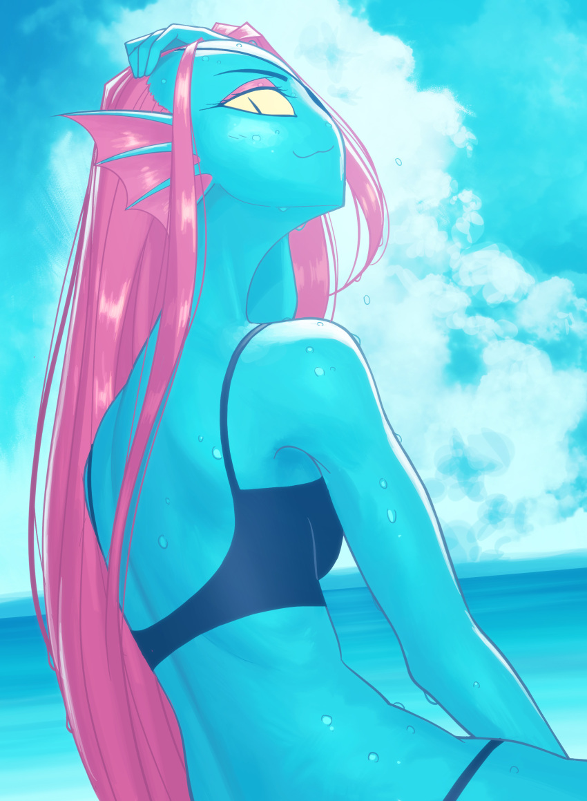 2girls, 5health, :3, absurdres, bikini, blue_skin, blue_sky, clouds, colored_sclera, colored_skin, day, highres, long_hair, looking_at_viewer, looking_back, multiple_girls, ocean, red_hair, sky, slit_pupils, swimsuit, undertale, undyne, very_long_hair, water_drop, yellow_sclera