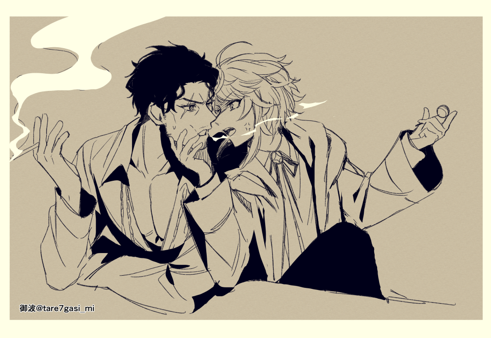 2boys, amayado_rei, amemura_ramuda, black_hair, brown_background, candy, cigarette, eyebrows_visible_through_hair