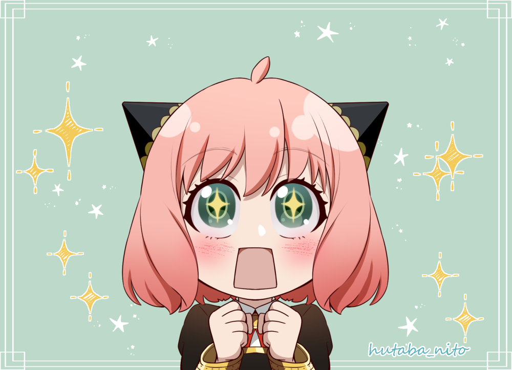 +_+, 1girl, ahoge, anya_(spy_x_family), aqua_background, aqua_eyes, bangs, black_dress, blush, child, dress, eden_academy_uniform, excited, eyebrows_visible_through_hair, horn_ornament, horns, hutaba_nito, medium_hair, pink_hair, signature, solo, sparkle, spy_x_family, square_mouth, wide-eyed