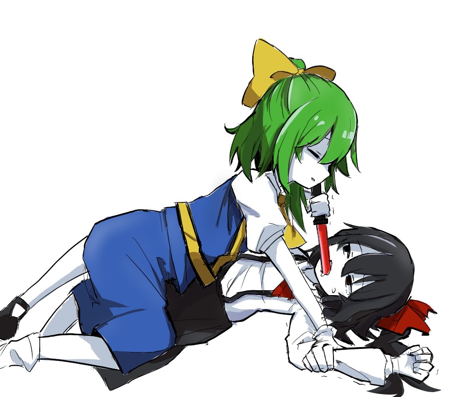 2girls, ascot, bangs, black_eyes, black_hair, black_skirt, blue_skirt, blue_vest