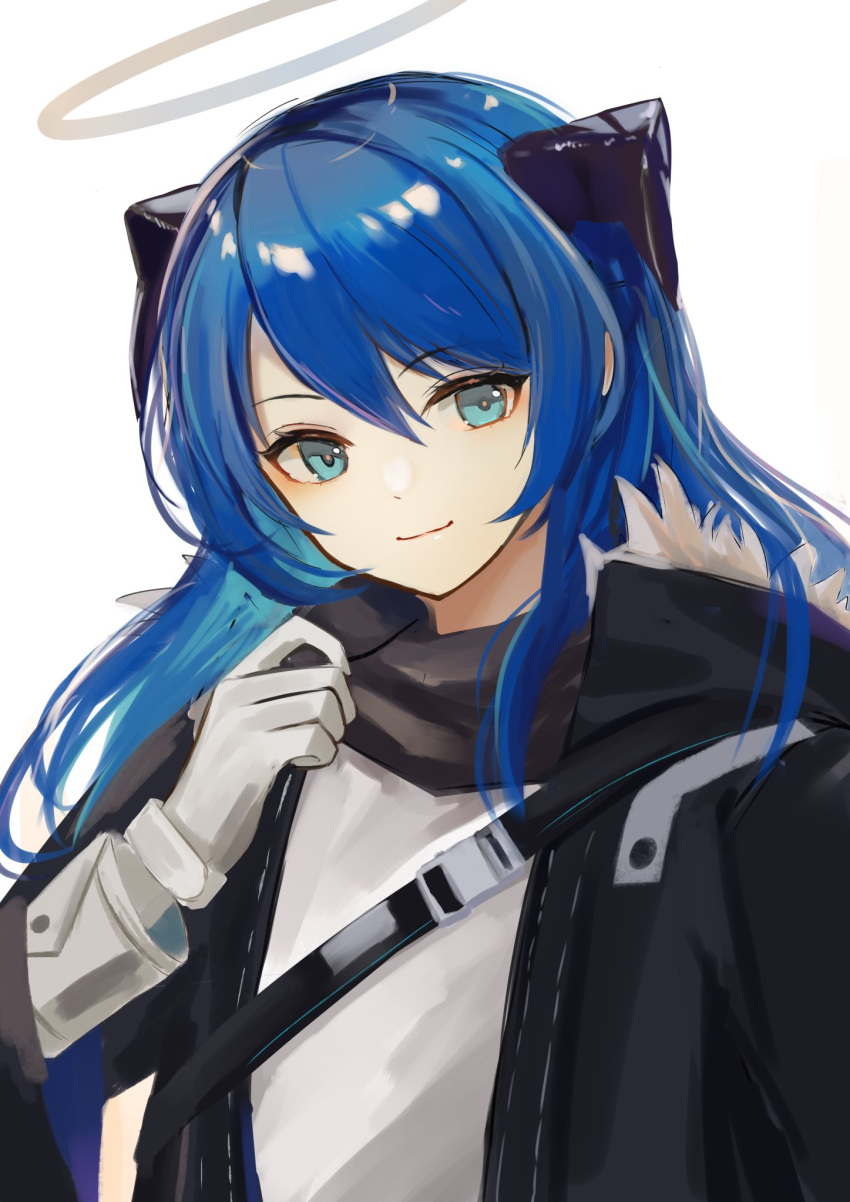 1girl, arknights, azuazu_0405, black_jacket, black_scarf, blue_eyes, blue_hair, demon_horns