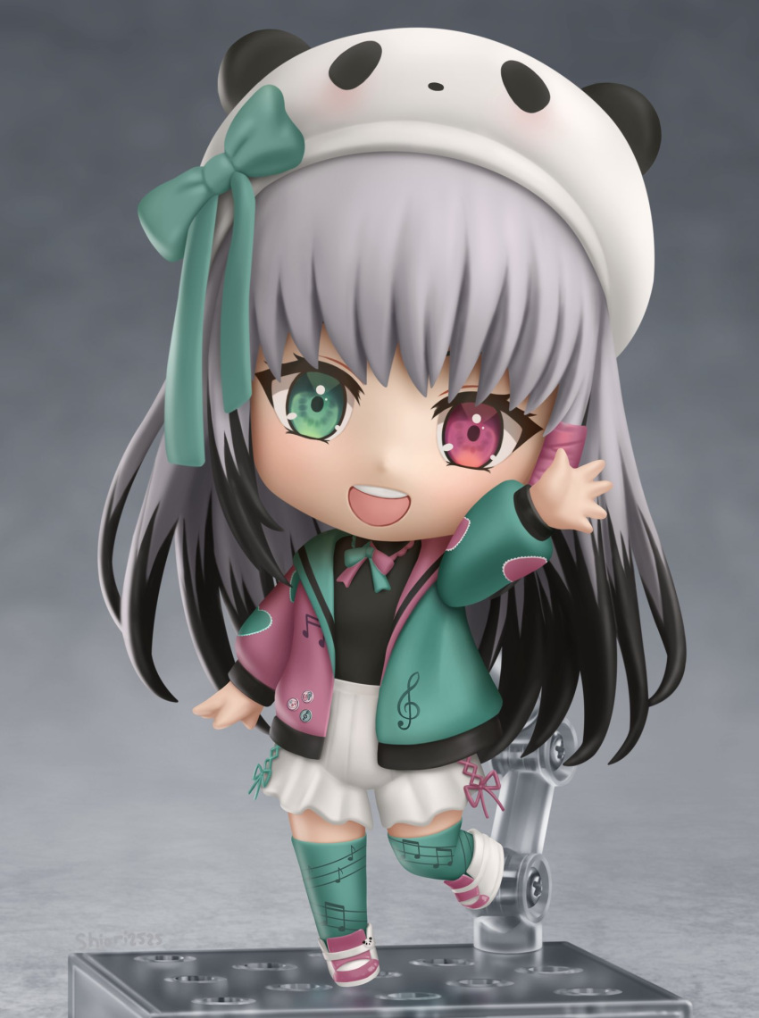 1girl, black_hair, blush, chibi, commission, cyberlive, faux_figurine, full_body, green_eyes, grey_hair, heterochromia, highres, long_hair, long_sleeves, looking_at_viewer, multicolored_hair, nendoroid, open_mouth, red_eyes, second-party_source, shiori2525, smile, solo, teeth, upper_teeth, utano_pandora, virtual_youtuber