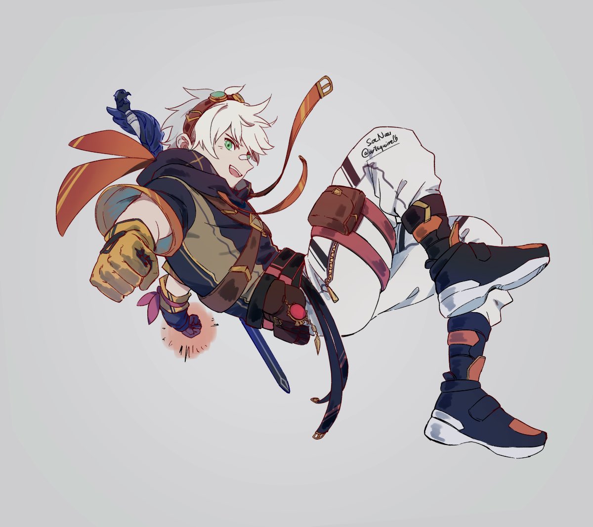 1boy, artist_name, asymmetrical_gloves, bandage_on_face, bandages, bennett_(genshin_impact), black_gloves, clothing_request