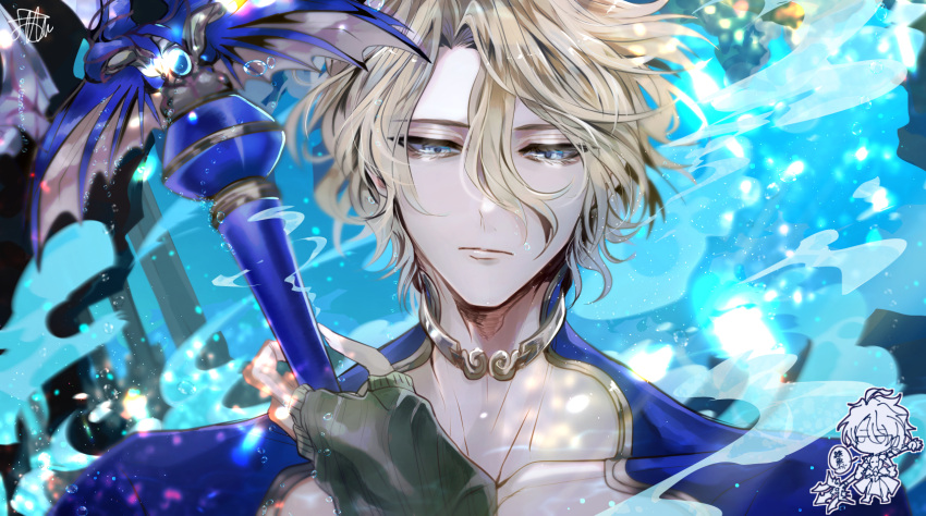 1boy, blonde_hair, highres, holding, holding_weapon, looking_down, male_focus, polearm, poseidon_(shuumatsu), short_hair, shuumatsu_no_valkyrie, sirofuku414, solo, trident, weapon