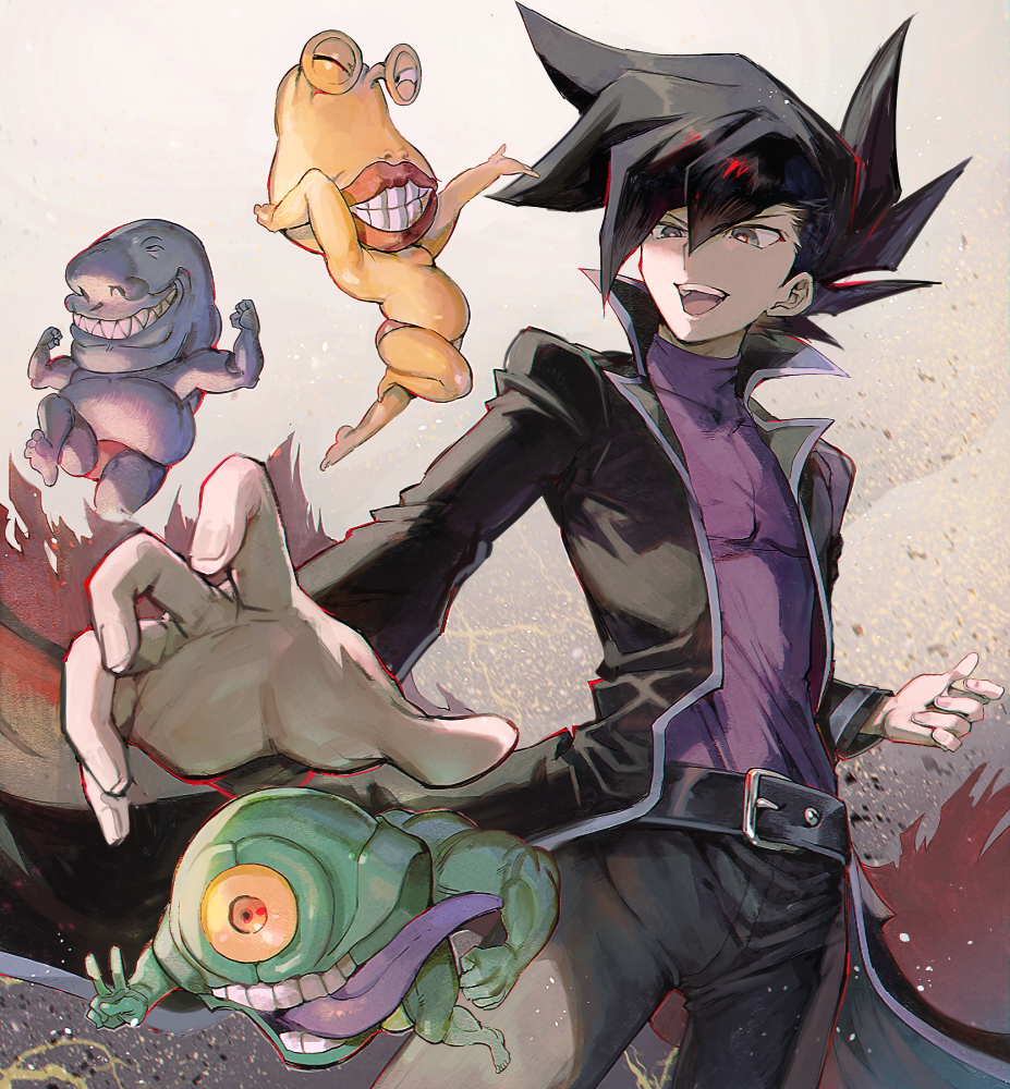 4boys, aoki_(fumomo), arms_up, belt, black_belt, black_hair, black_jacket, black_pants