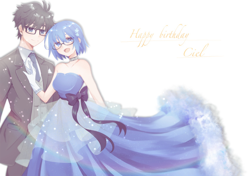 1boy, 1girl, absurdres, alternate_costume, antenna_hair, bangs, bare_shoulders, black-framed_eyewear, black_bow, black_eyes, black_hair, black_pants, black_suit, blue_dress, blue_eyes, blue_hair, blue_necktie, bow, breasts, buttons, ciel_(tsukihime), closed_mouth, collarbone, commentary_request, dress, english_text, formal, glasses, gloves, grey_shirt, hair_between_eyes, hair_ornament, happy_birthday, highres, live_unyanya, looking_at_another, looking_at_viewer, medium_breasts, necktie, open_mouth, pants, pocket, shirt, smile, strapless, strapless_dress, suit, tohno_shiki, tsukihime, tsukihime_(remake), white_background, white_gloves
