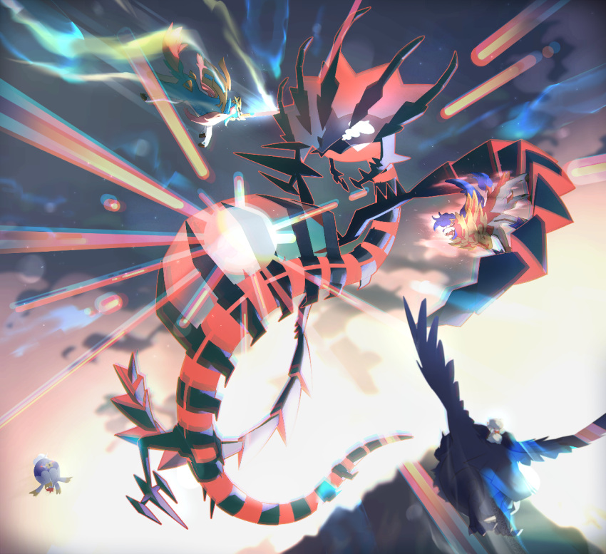 alcremie, alcremie_(flower_sweet), alcremie_(salted_cream), animal_focus, battle, bird, chromatic_aberration, clouds
