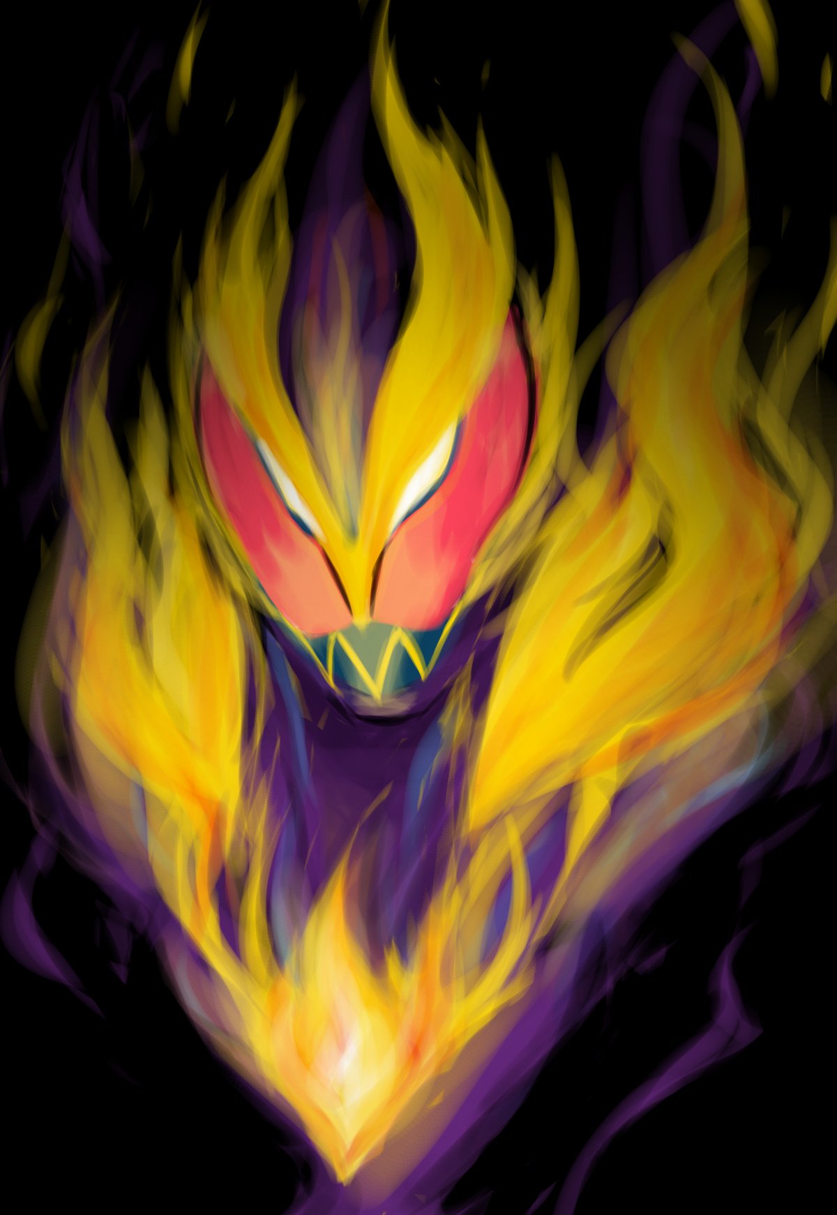 1boy, asymmetrical_horns, black_background, fire, flame_print, gold_horns, highres, horns