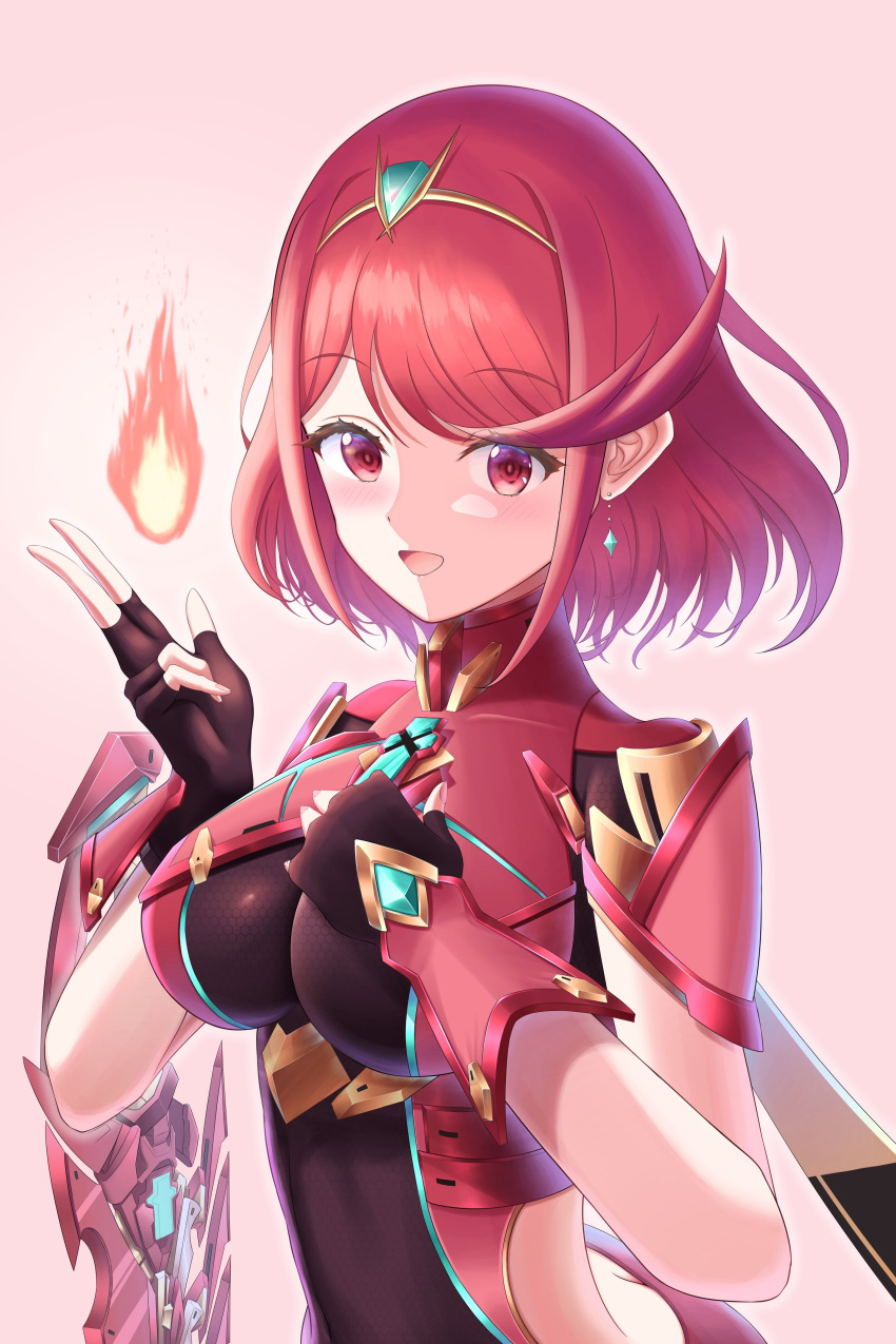 1girl, absurdres, aegis_sword_(xenoblade), bangs, black_gloves, breasts, chest_jewel, earrings