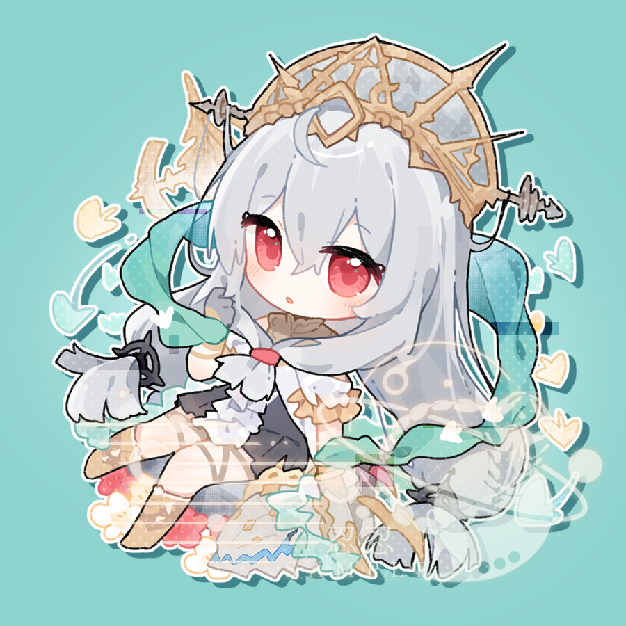 1girl, :o, aqua_background, aqua_ribbon, arknights, black_dress, blush, boots