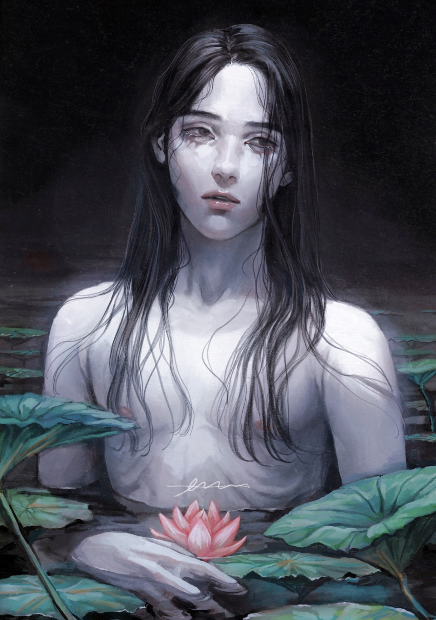 1boy, absurdres, black_eyes, black_hair, flower, golden_kamuy, highres, lily_pad