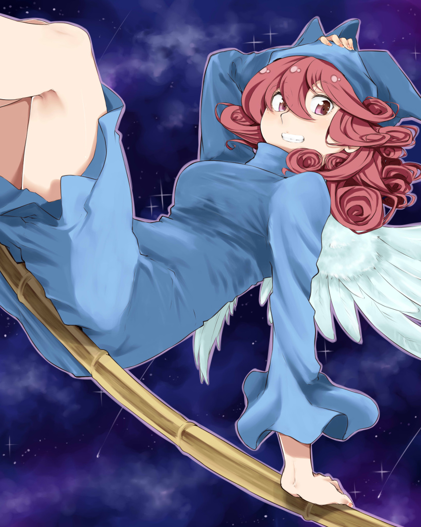 1girl, absurdres, angel_wings, arm_rest, blue_headwear, blue_robe, breasts, broom