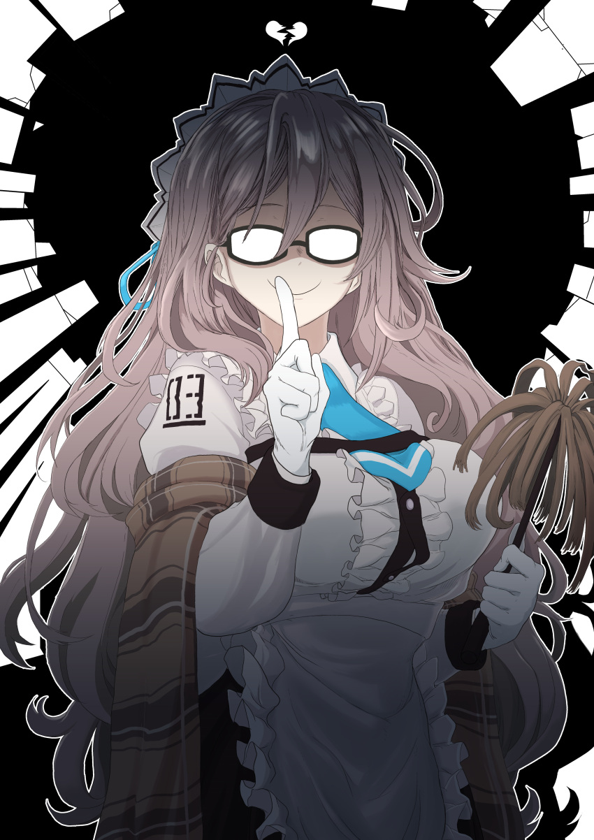 1girl, absurdres, akane_(blue_archive), apron, bangs, black-framed_eyewear, blue_archive, blue_necktie